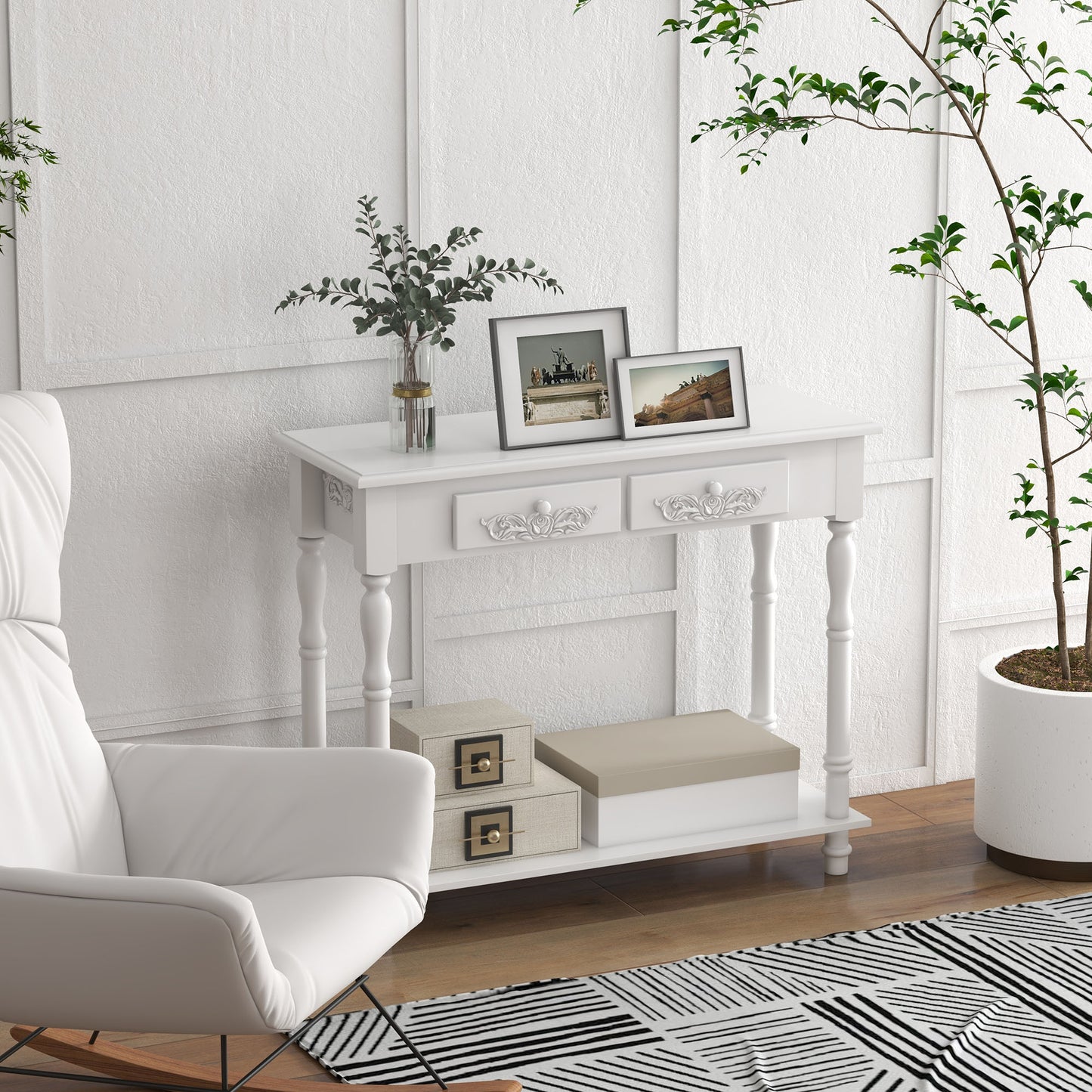 HOMCOM Console Table Modern Sofa Side Desk with Storage Shelves Drawers for Living Room Entryway Bedroom White