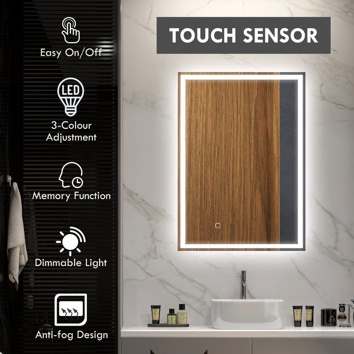 LED bathroom mirror with touch control, dimmable light and three color settings