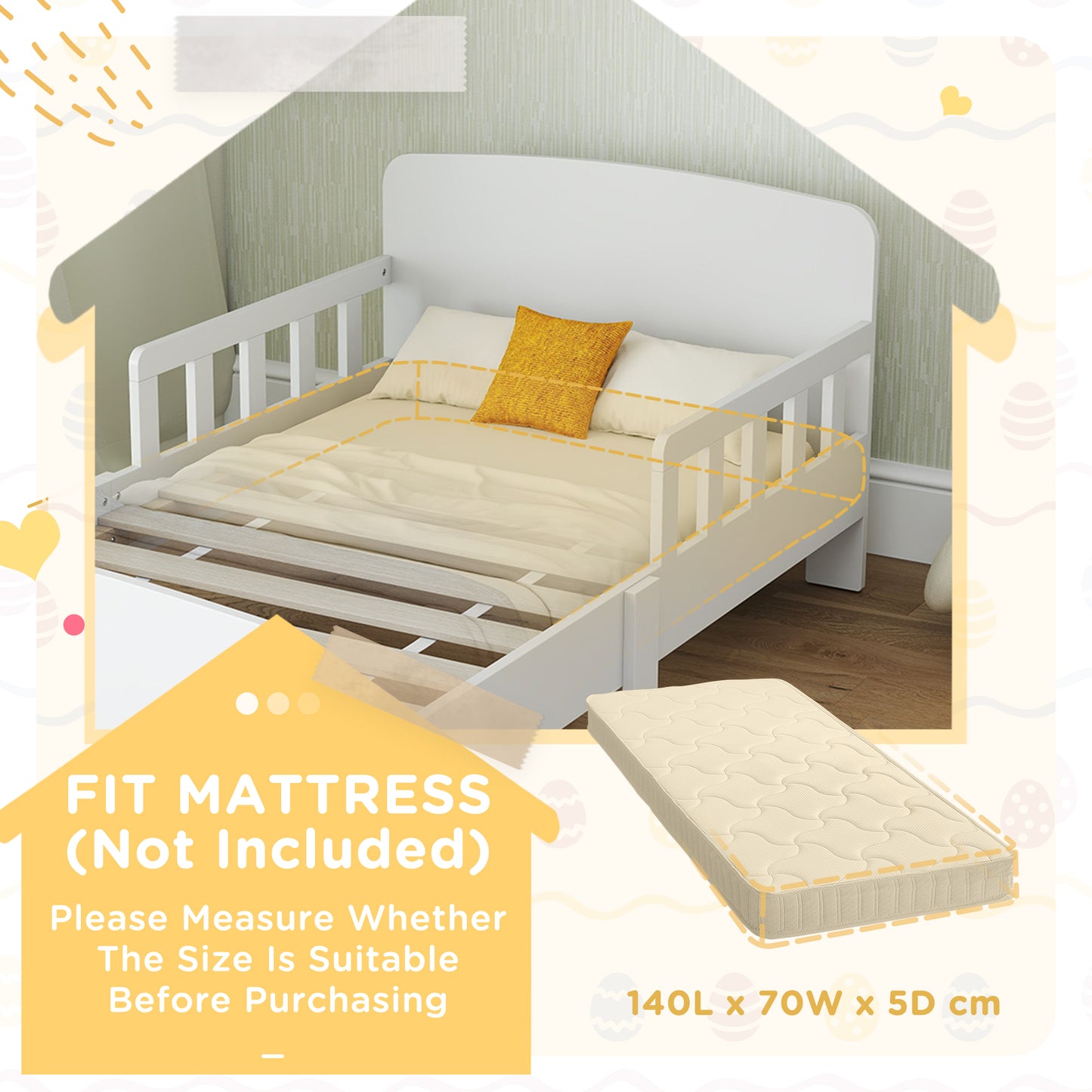 AIYAPLAY Toddler Bed, Kids Bed Frame with Safety Side Rails, Kids Bedroom Furniture for Ages 3-8 Years, White