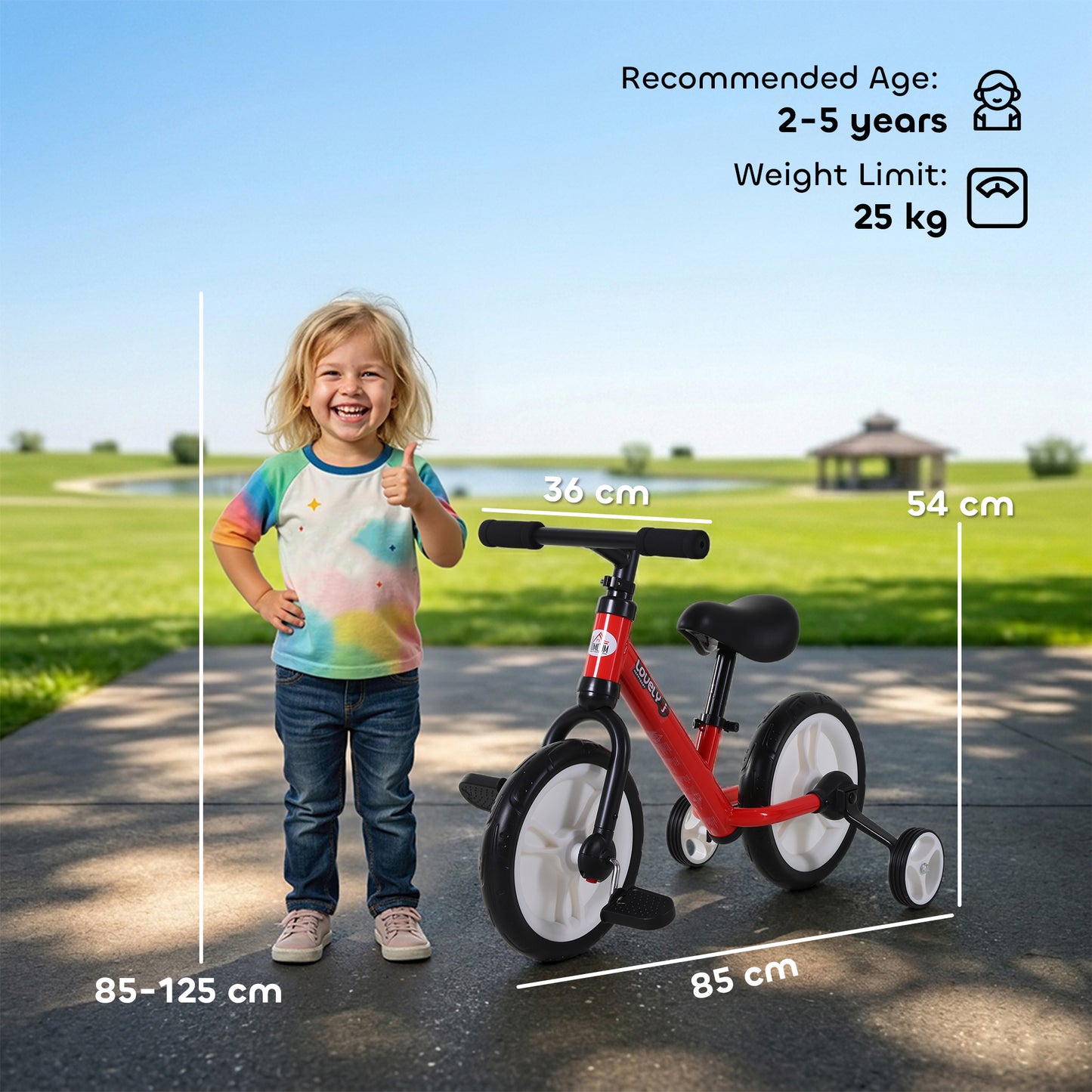 HOMCOM 11 Inch Kids Balance Bike Training Pedal Bicycle W/ Removable Stabilizers EVA Tyres Adjustable Seat Height 2 to 5 Years Gift for Boys Girls Red