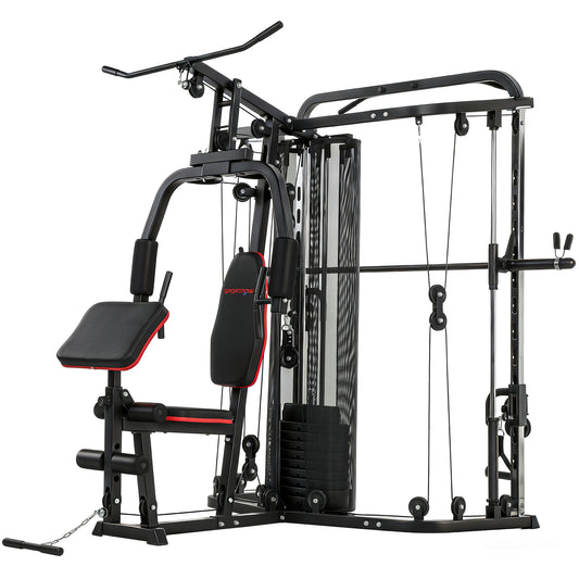 Photo of SPORTNOW Home Multi Gym Smith Machine with 65kg Weight Stack, Cable Pulley System, Chest Station, Preacher Pad & Leg Developer in Developer colour on a white background