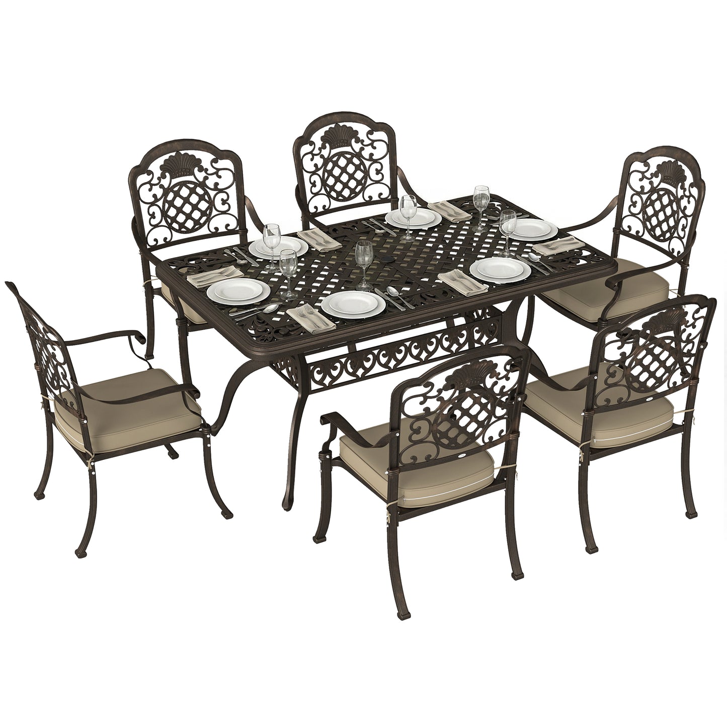 Photo of Outsunny Garden Dining Set for 6, Cast Aluminium Outdoor Table and Chairs Set with Cushions, Parasol Hole for Patio, Bronze Tone in Tone colour on a white background
