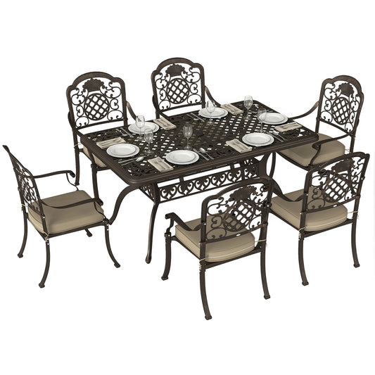 Photo of Outsunny Garden Dining Set for 6, Cast Aluminium Outdoor Table and Chairs Set with Cushions, Parasol Hole for Patio, Bronze Tone in Tone colour on a white background