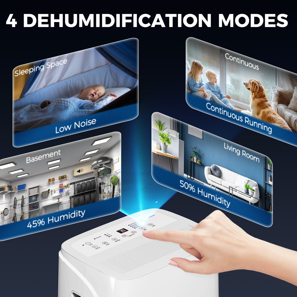 HOMCOM dehumidifier with touch controls for four modes: sleep, continuous, basement, and living room