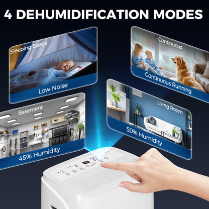 HOMCOM dehumidifier with touch controls for four modes: sleep, continuous, basement, and living room