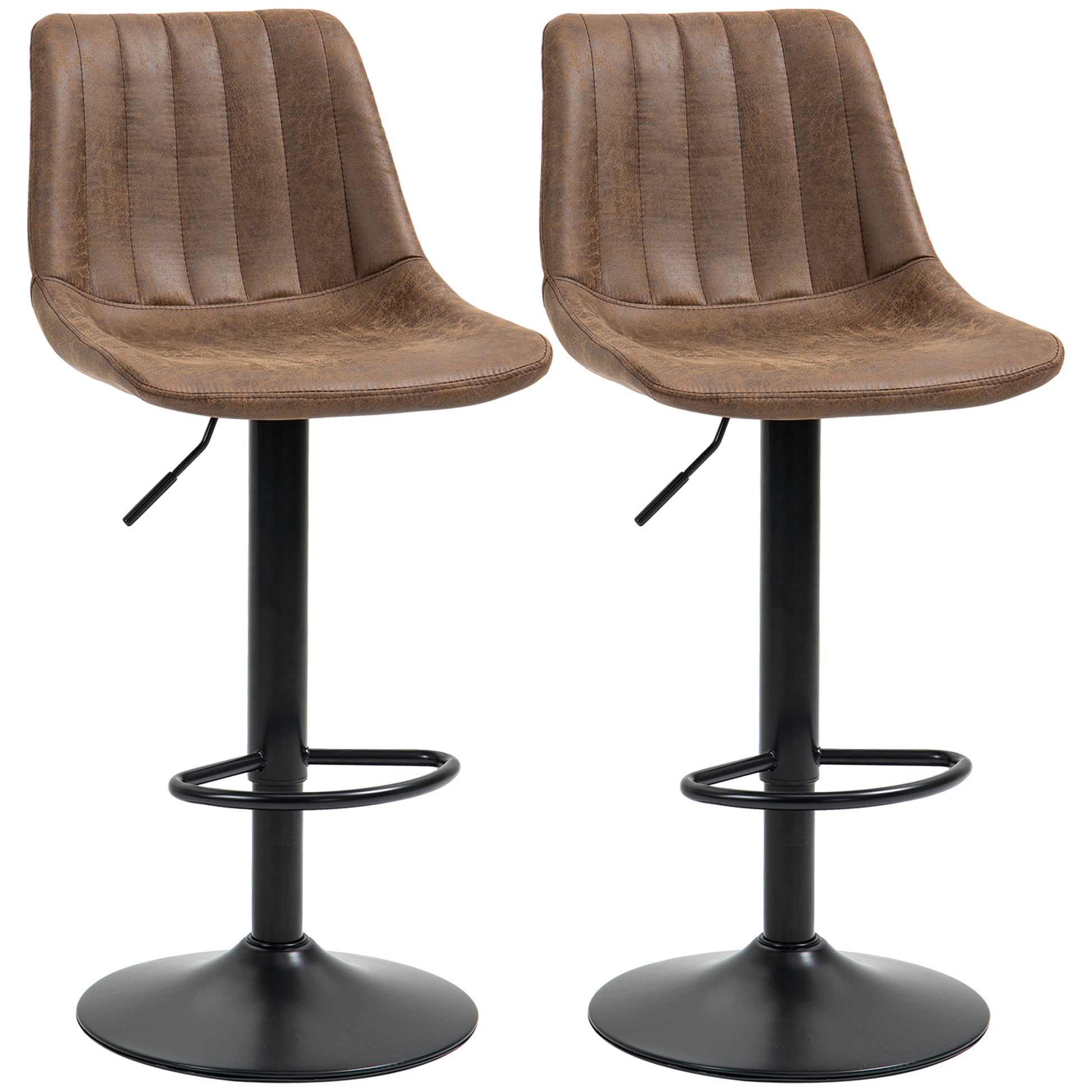 Photo of HOMCOM Breakfast Bar Stools Set of 2, 59-80cm Sitting Hight Leather Upholstered Bar Chairs - Brown in Brown colour on a white background