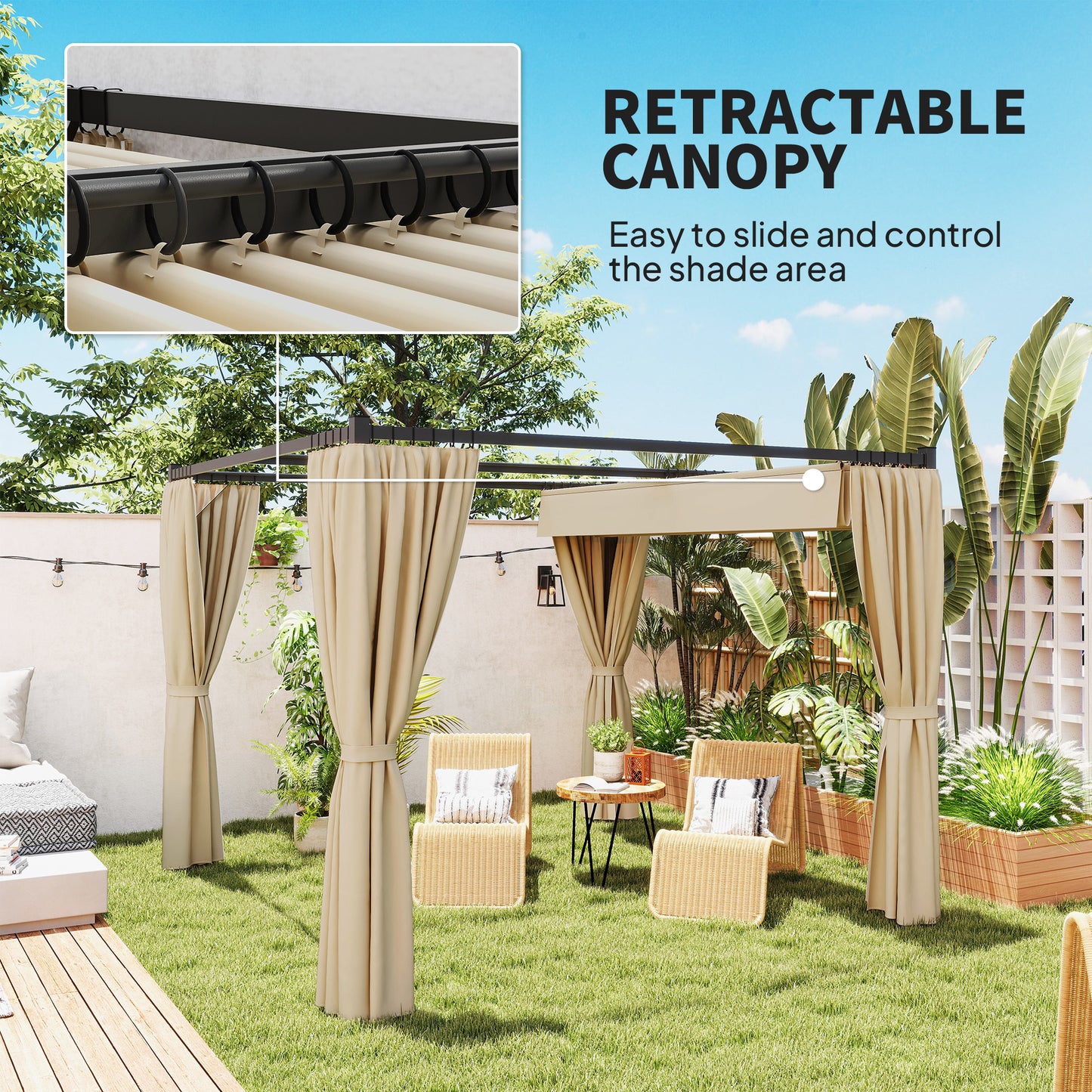 Outsunny 3 x 3m Retractable Pergola with Curtains, Metal Garden Gazebo Canopy for Patio, Deck & Outdoor Dining, UV-Resistant, Beige