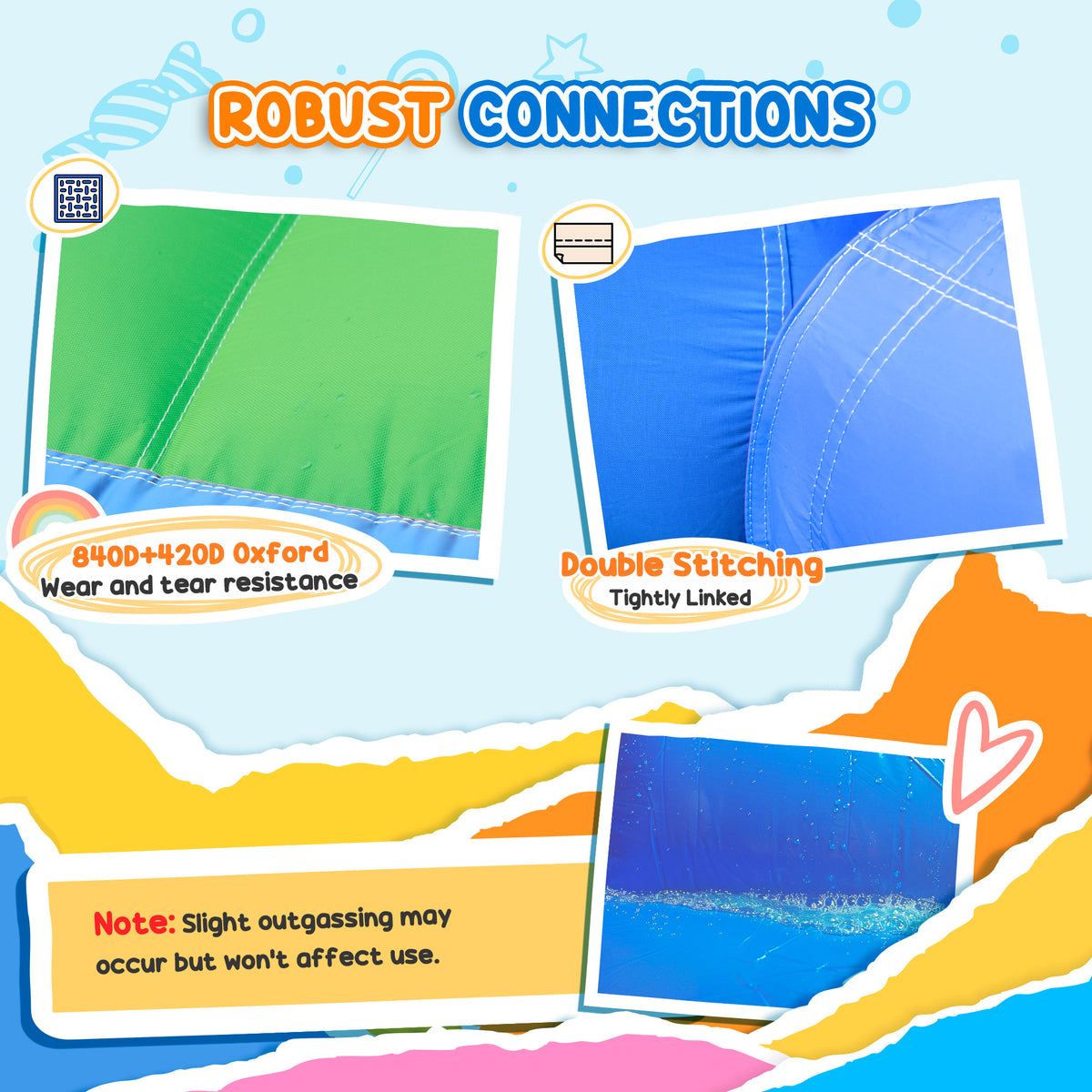 Close-ups of the bouncy castle's green and blue fabric, reinforced seams and stitching