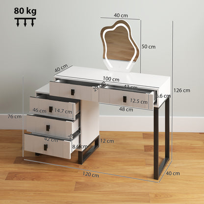 White vanity desk with leaf-shaped mirror, five drawers, black metal legs, and dimensions shown.
