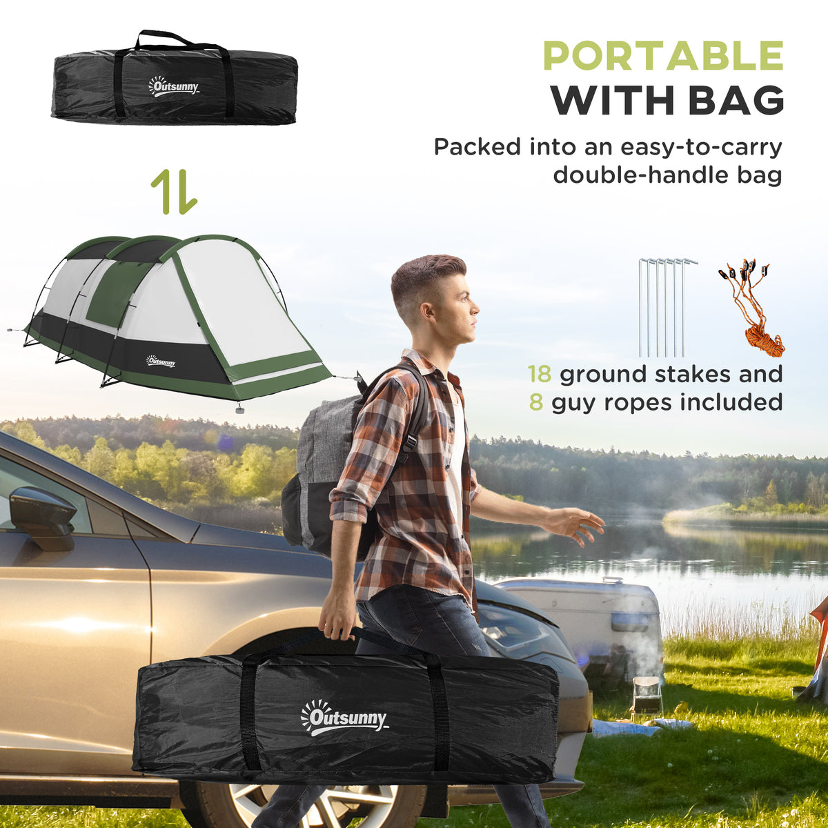Outsunny 2 Man Camping Tent, with Two Rooms and Porch - Green