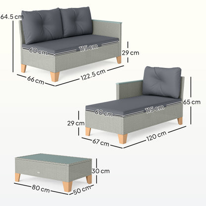 Outsunny rattan set components with cushions and coffee table, shown with dimensions