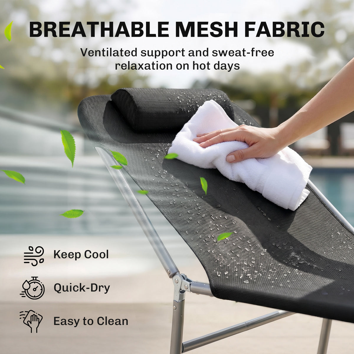 Black mesh sun lounger with padded headrest and breathable, quick-drying fabric