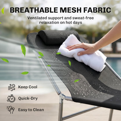 Black mesh sun lounger with padded headrest and breathable, quick-drying fabric