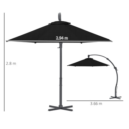 Outsunny black cantilever umbrella with dimensions and upright pole configuration