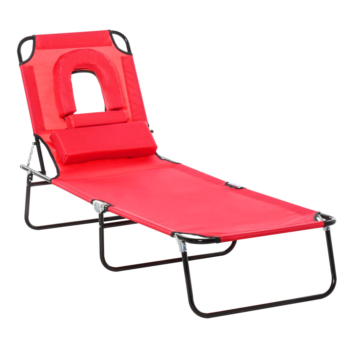 Photo of Outsunny Folding Sun Lounger with Face Hole, 4-Position Adjustable Backrest Garden Recliner Chair Sunbed, Outdoor Lounge Chair with 600 D Oxford Cloth Seat, Pillow for Beach, Red in Red colour on a white background