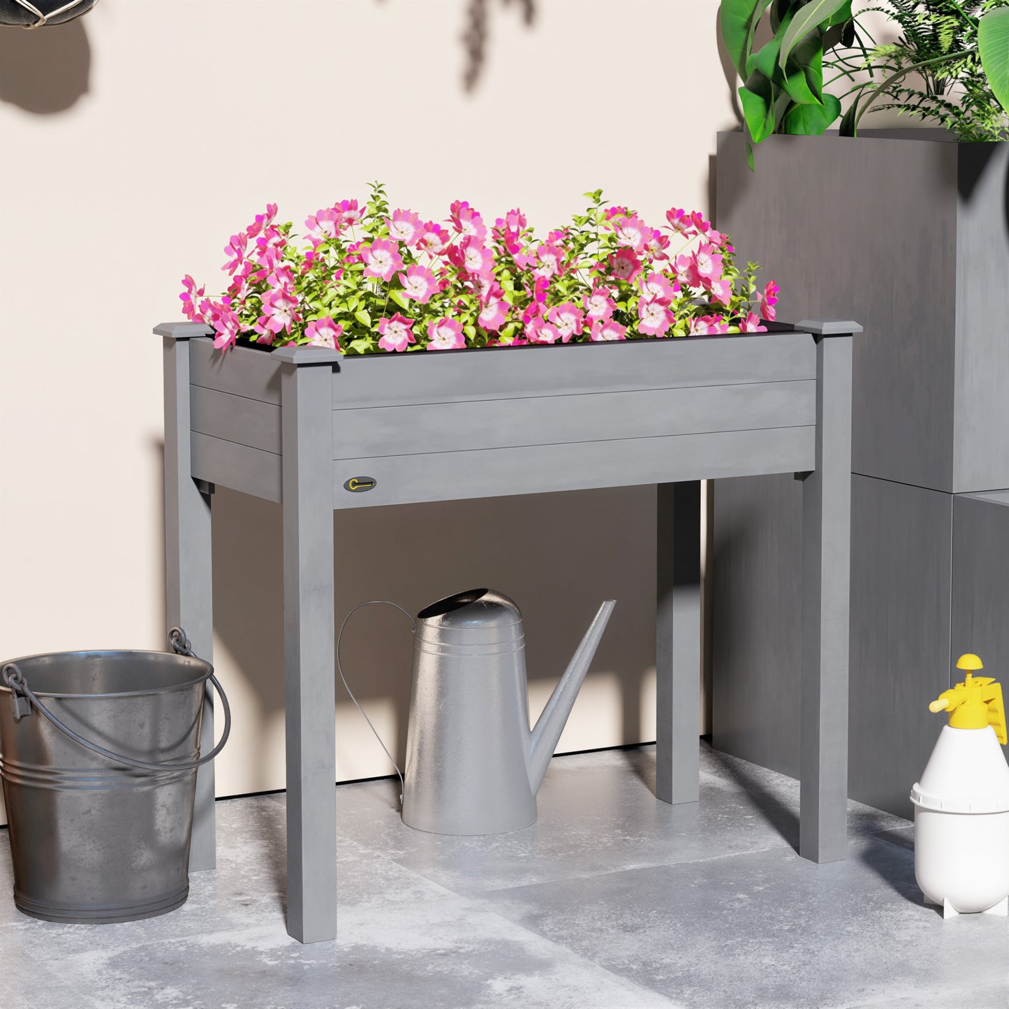 Outsunny Raised Bed for Garden, Wooden Elevated Planter Box with Bed Liner, for Flower Vegetable Herb, Dark Grey