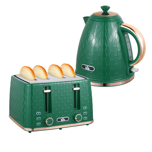 Photo of HOMCOM Kettle and Toaster Set, 1.7L 3000W Fast Boil Jug Kettle with Auto Shut Off, 4 Slice Toaster with 7 Level Browning Controls & Crumb Tray, UK Otter Thermostat, Green in Green colour on a white background