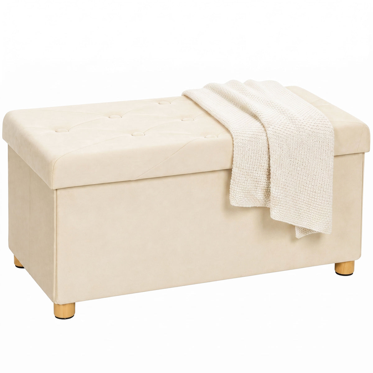Photo of HOMCOM Velvet Upholstered Foldable Ottoman Footrest, Storage Ottoman Bench with Wood Legs for Living Room, Cream White in White colour on a white background